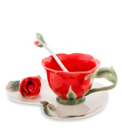 Чайная пара из фарфора с ложечкой Красная Роза
