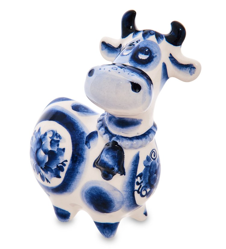 Статуэтка Корова с колокольчиком символ 2021 года - Голубая гжель ГЛ-654, фотография сбоку