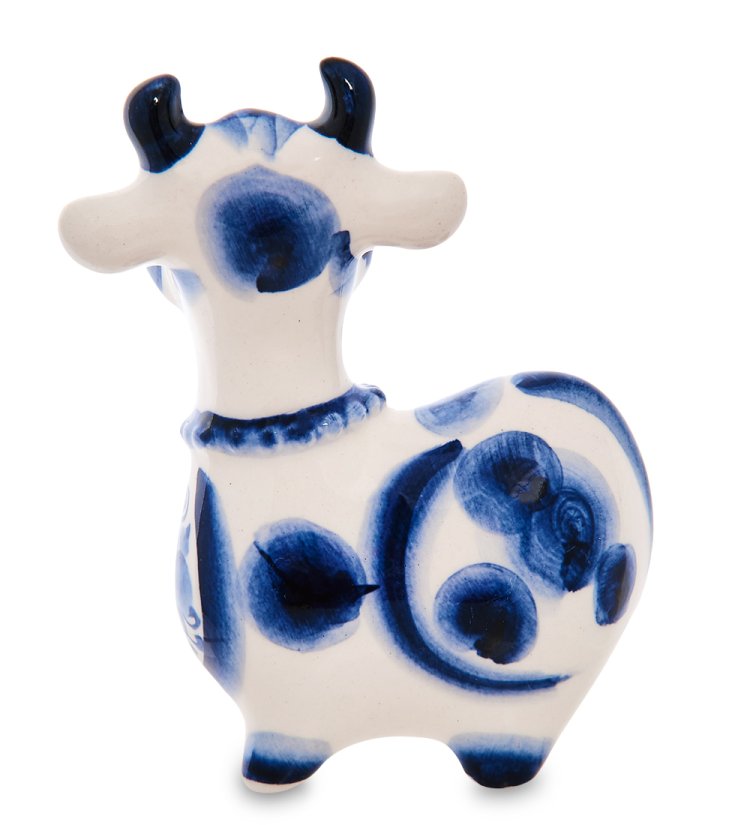 Статуэтка Корова с колокольчиком символ 2021 года - Голубая гжель ГЛ-654, фотография со спины