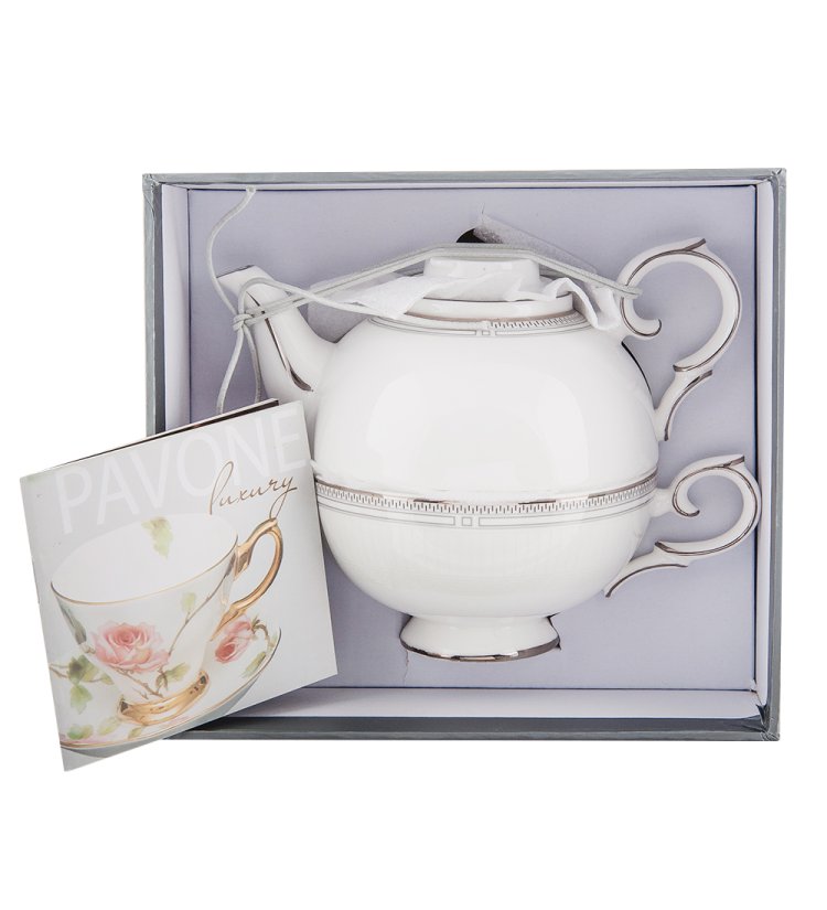 Чайная пара с чайником из фарфора Венецианская Классика Pavone JK-110, фотография в упаковке