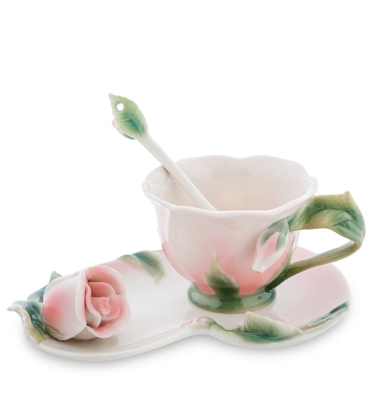 Чайная пара из фарфора с ложечкой Роза Pavone FM-01/ 3
