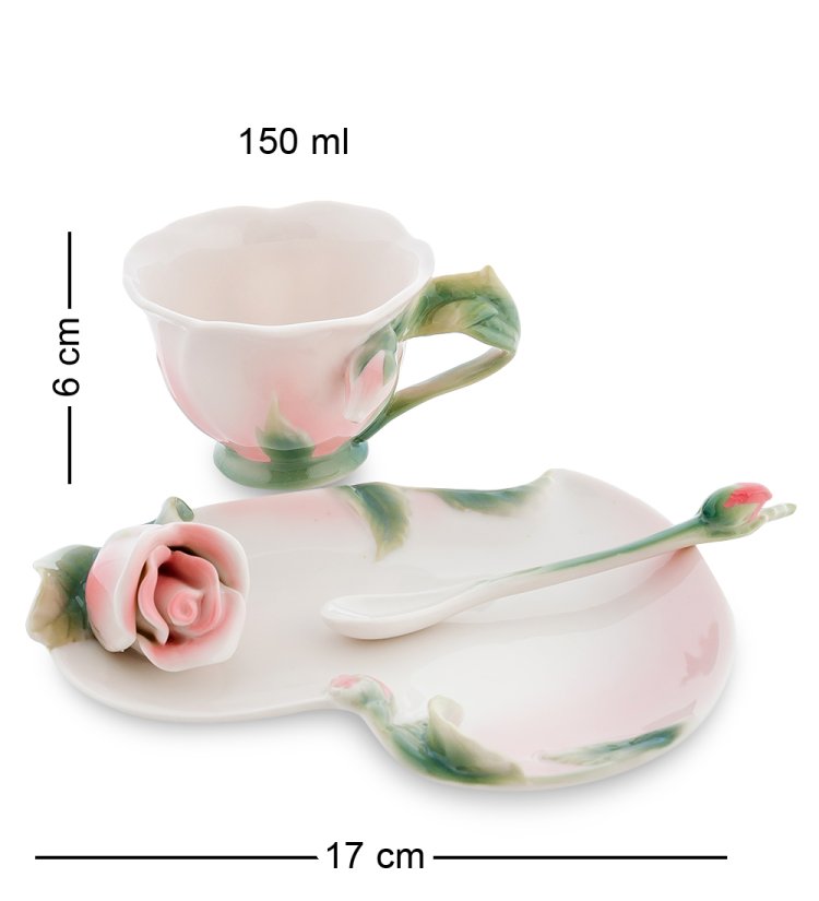 Чайная пара из фарфора с ложечкой Роза Pavone FM-01/ 3, фотография сбоку