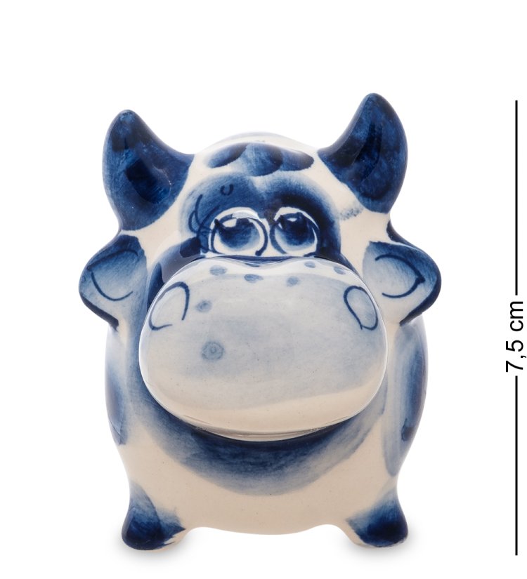 Статуэтка Бык Буян символ 2021 года - голубая гжель ГЛ-640, фотография спереди