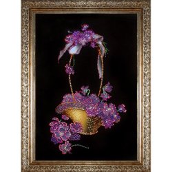 Картина Корзина с фиалками в багете c кристаллами Swarovski, темный фон