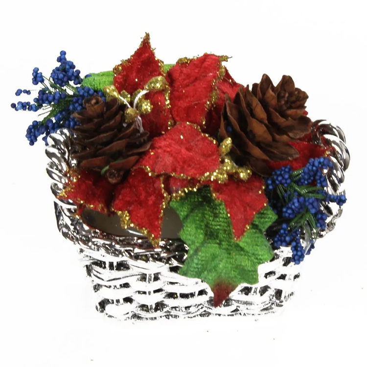 Скульптура Маленькая Корзинка рождественская с красными листьями Exetera Argenti 46-239437, вид профиль