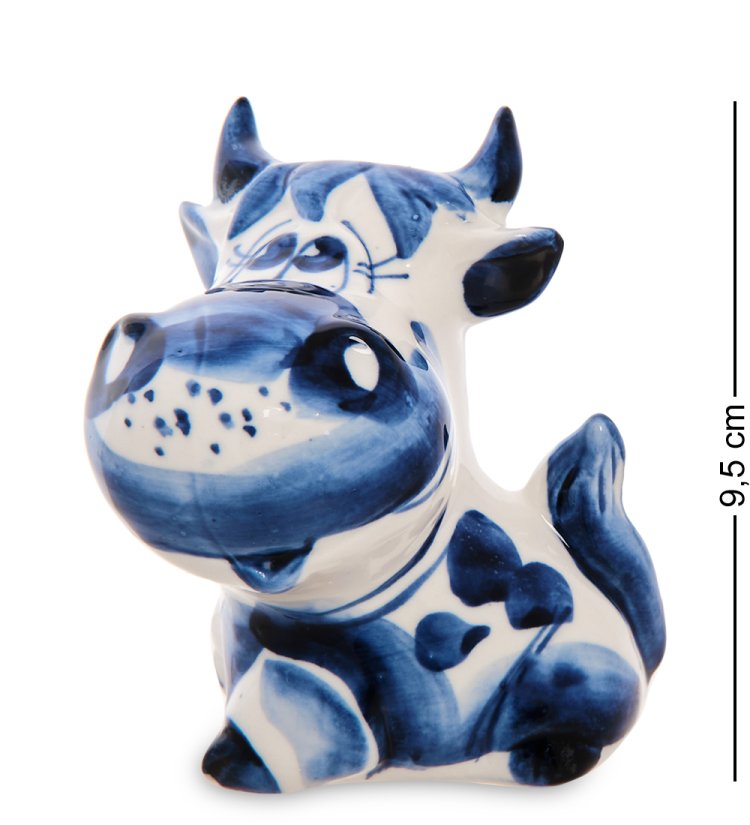 Статуэтка Бык Серафим символ 2021 года Голубая гжель ГЛ- 05, фотография сбоку