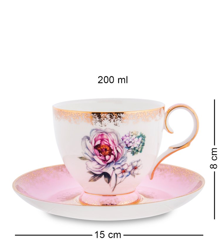 Чайный набор на 4 персоны из фарфора Цветок Неаполя, розовый Pavone JK-122, фотография чайной пары