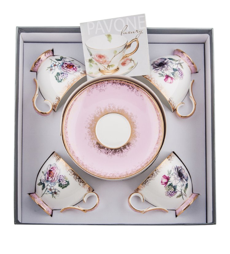 Чайный набор на 4 персоны из фарфора Цветок Неаполя, розовый Pavone JK-122, фотография в упаковке