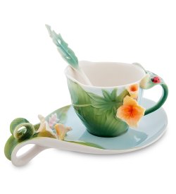 Чайная пара из фарфора с ложечкой Тропики