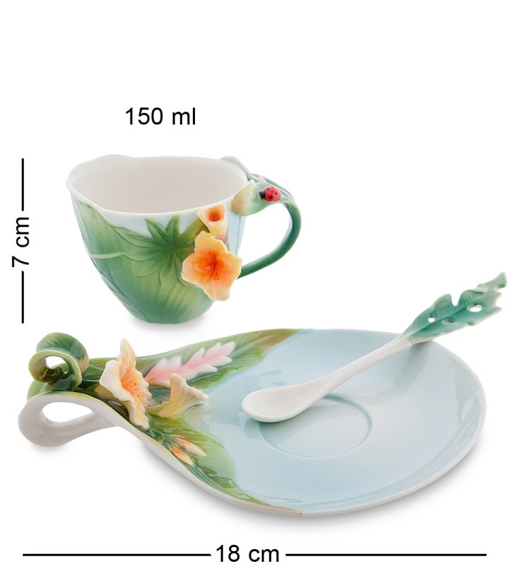 Чайная пара из фарфора с ложечкой Тропики Pavone FM-04/ 3, фотография сбоку