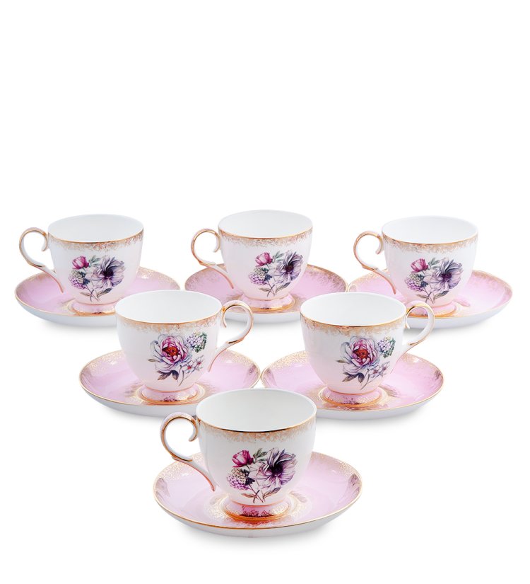 Чайный набор на 6 персон из фарфора Цветок Неаполя, розовый JK-123