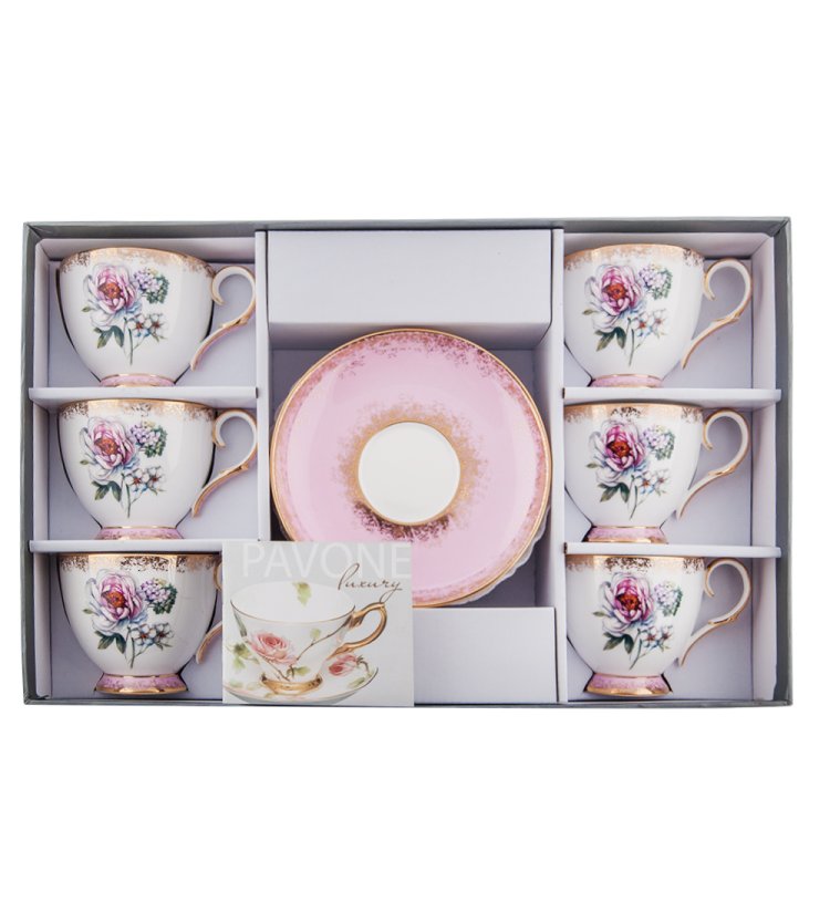 Чайный набор на 6 персон из фарфора Цветок Неаполя, розовый JK-123, фотография в упаковке