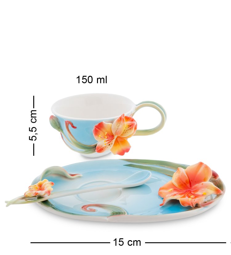 Чайная пара из фарфора с ложечкой Лилии Pavone FM-05/ 2, фотография сбоку