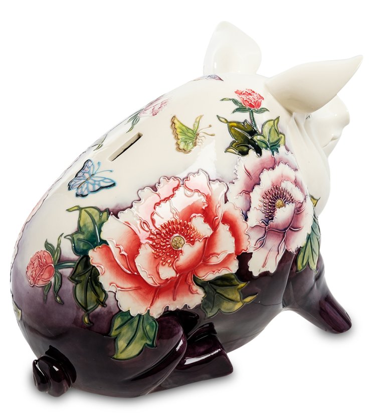Копилка из фарфора Хрюша с цветами Pavone JP-158/17, вид сзади