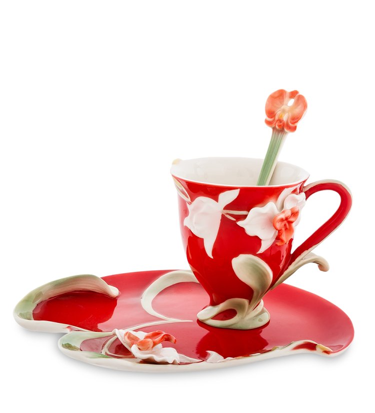 Чайная пара из фарфора с ложечкой Красная Орхидея Pavone FM-01/14