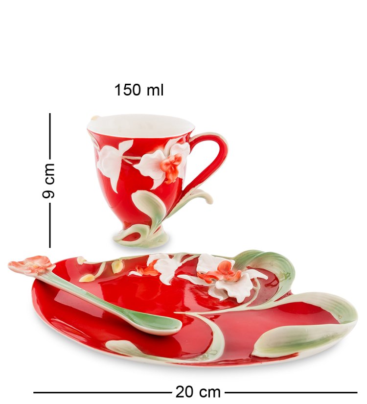 Чайная пара из фарфора с ложечкой Красная Орхидея Pavone FM-01/14, фотография сбоку