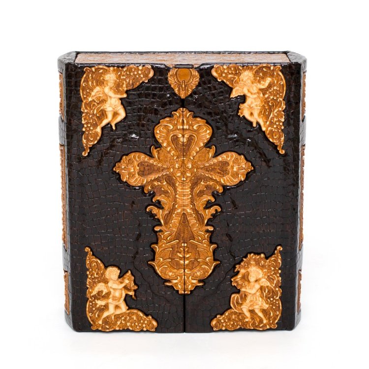 Библия в коробе иконостас складень с деревянными вставками в кожаном переплете, фотография 2