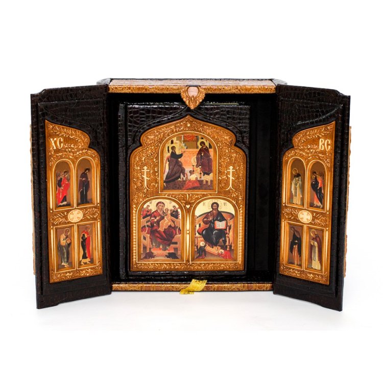 Библия в коробе иконостас складень с деревянными вставками в кожаном переплете