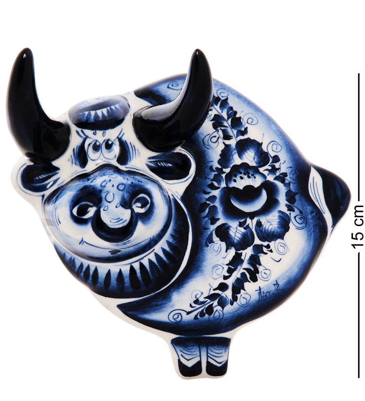 Панно Бык символ 2021 года Голубая гжель ГЛ-676