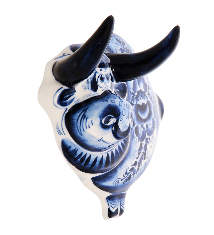 Панно Бык символ 2021 года Голубая гжель ГЛ-676, фотография сбоку