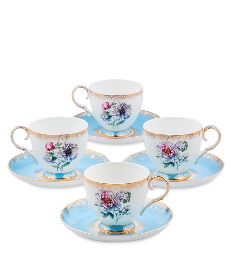 Чайный набор на 4 персоны из фарфора Цветок Неаполя, голубой Pavone JK-129