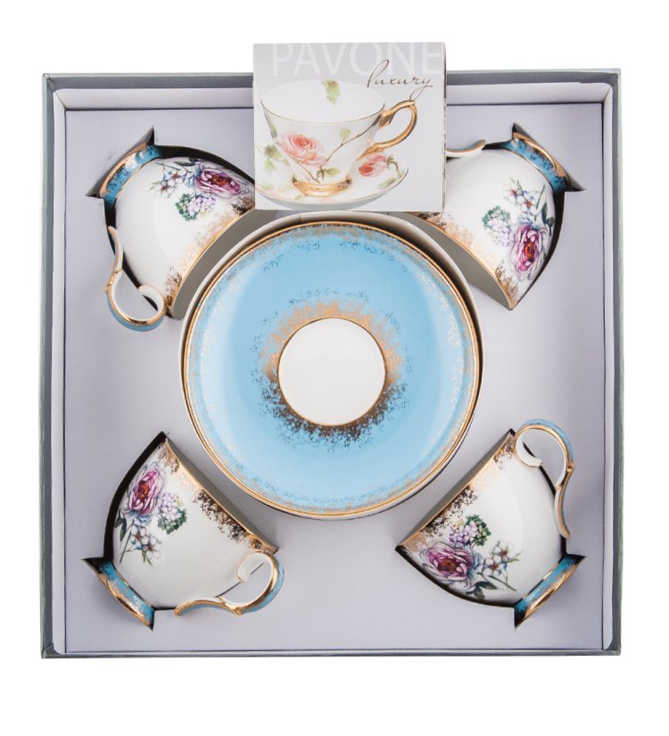 Чайный набор на 4 персоны из фарфора Цветок Неаполя, голубой Pavone JK-129, фотография в упаковке