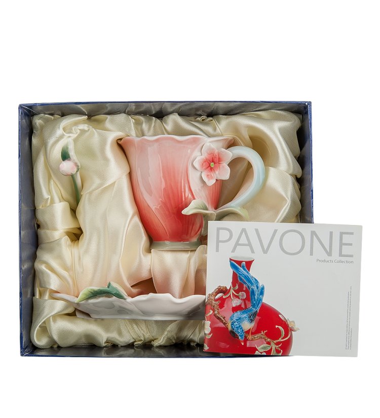 Кофейная пара из фарфора с ложечкой Барвинок Pavone FM-01/15, фотография в упаковке