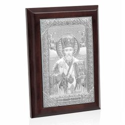 Декоративное панно Николай Чудотворец в декоре серебряного цвета