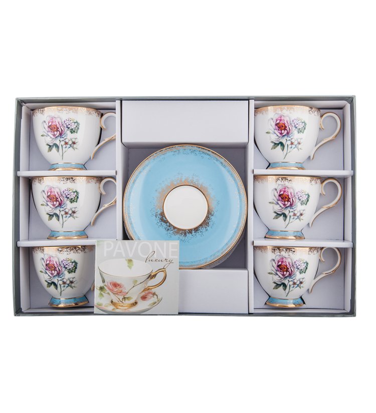 Чайный набор на 6 персон из фарфора Цветок Неаполя, голубой JK-130, фотография в упаковке