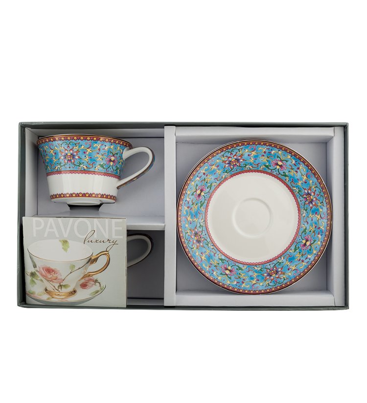 Чайный набор на 2 персоны из фарфора Арабески, синий Pavone JK-170, фотография в коробочке
