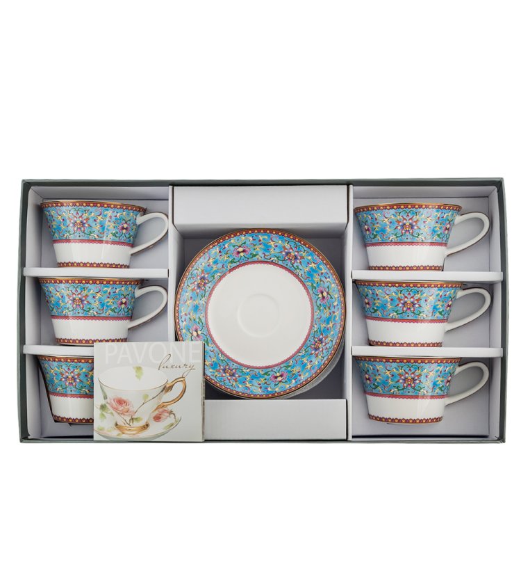 Чайный набор на 6 персон из фарфора Арабески, синий Pavone JK-171, фотография в упаковке