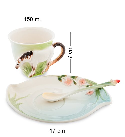 Чайная пара из фарфора с ложечкой Лошадь на поляне Pavone FM-70/ 3, разборный вид