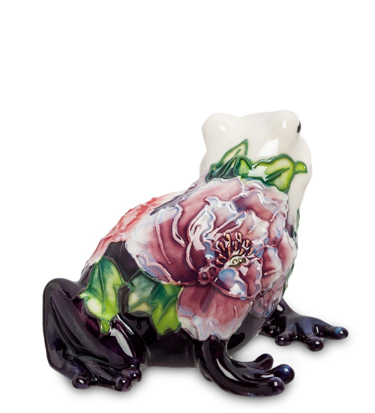 Статуэтка из фарфора Белая Лягушка с цветком и бабочкой Pavone JP-247/ 5, фотография сбоку