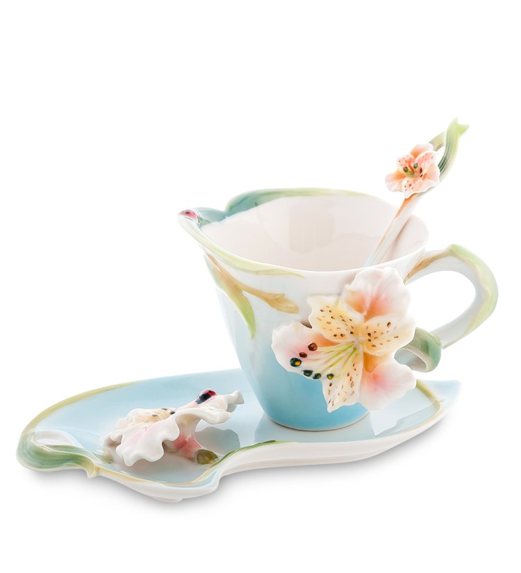 Чайная пара из фарфора с ложечкой голубая Лилия Pavone FM-01/18