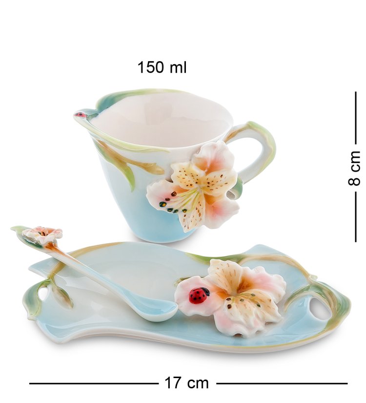 Чайная пара из фарфора с ложечкой голубая Лилия Pavone FM-01/18, фотография сбоку