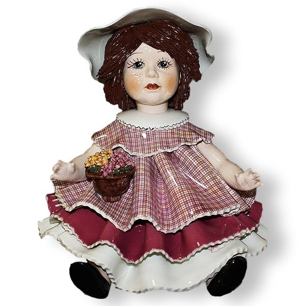 Большая Кукла из фарфора держащая кашпо с цветами