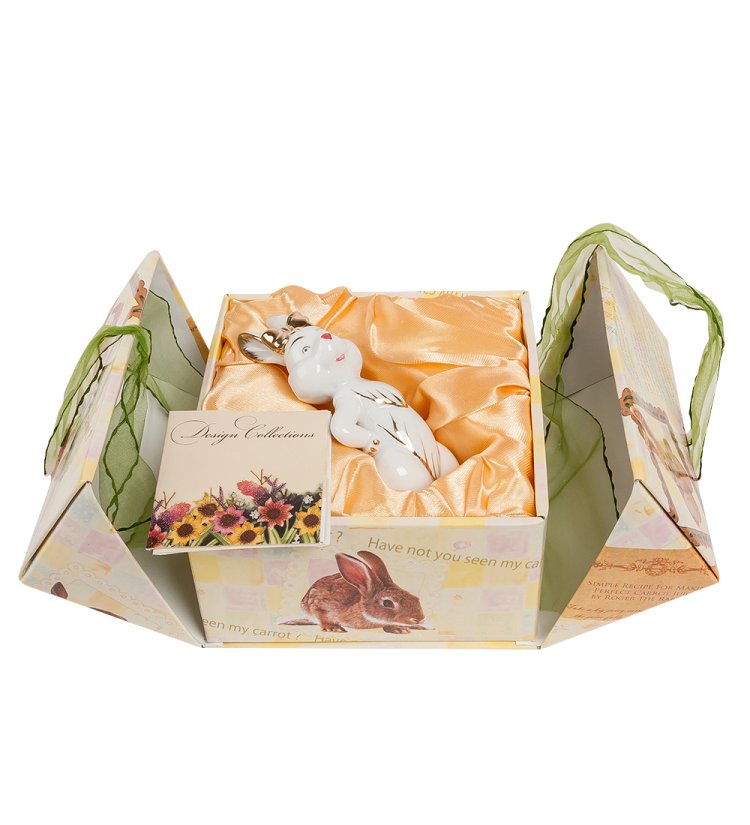 Статуэтка из фарфора Белая крольчиха с золотым декором Pavone JP-31/ 1, фотография в упаковке