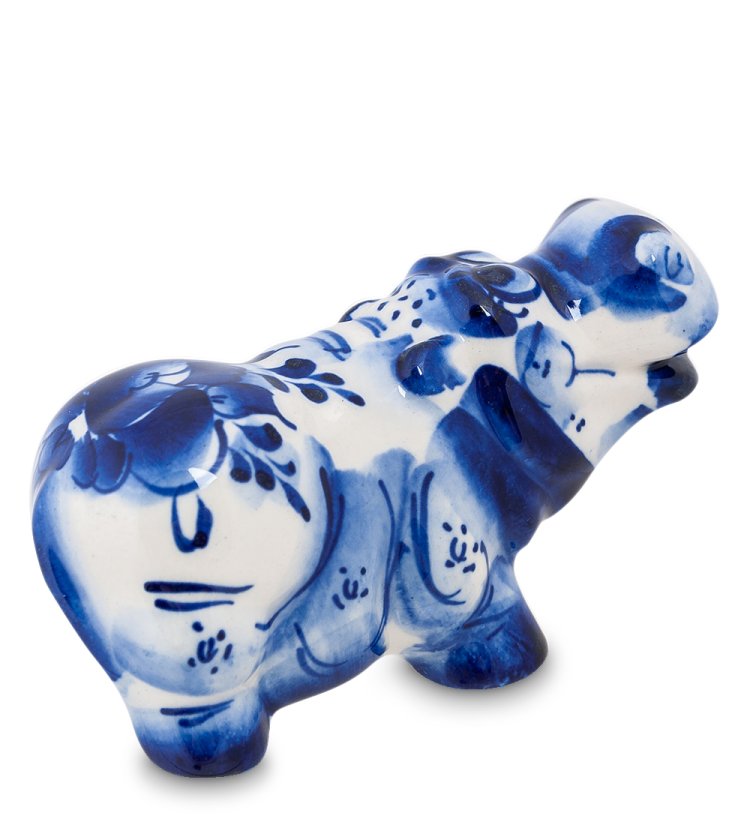 Большая Фигурка Бегемот Голубая гжель ГЛ-119, фотография сбоку