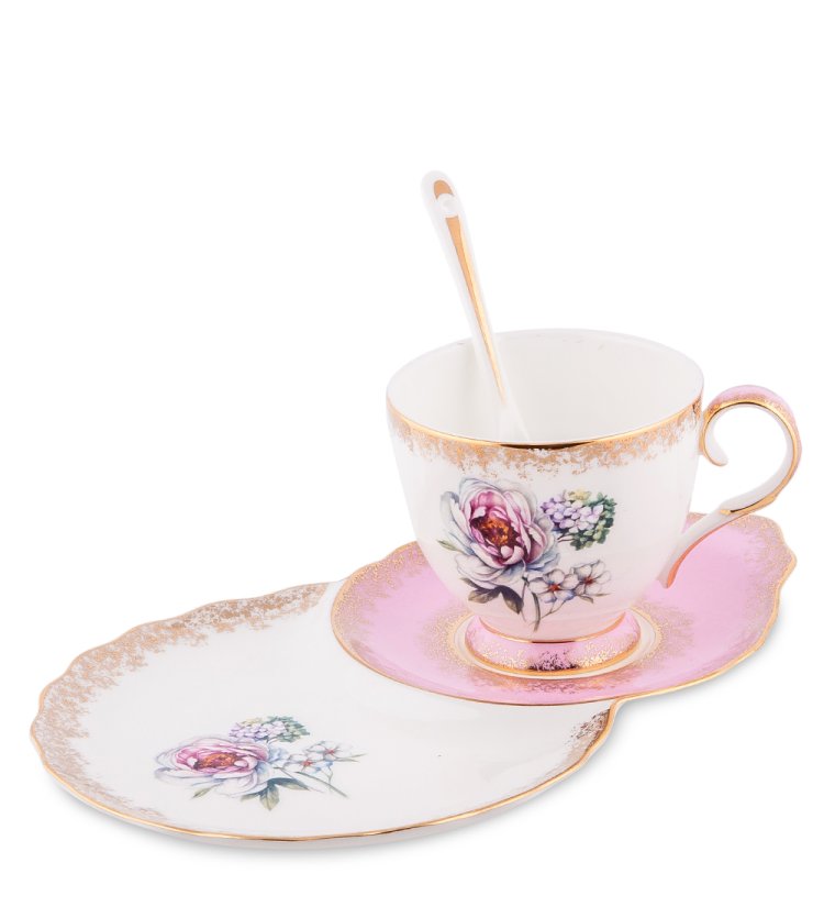 Чайная пара из фарфора Цветок Неаполя, розовая Pavone JK-126