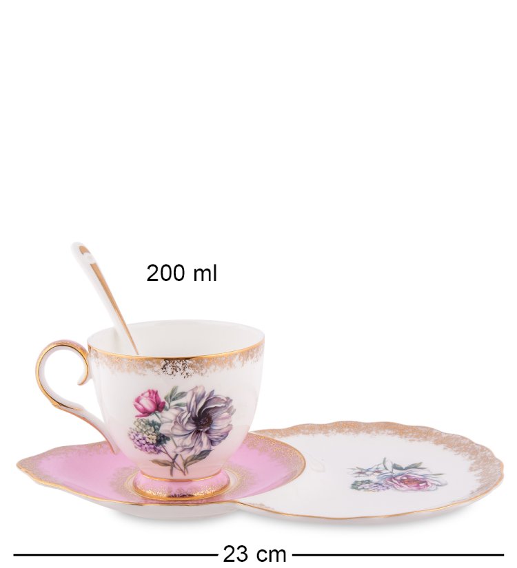 Чайная пара из фарфора Цветок Неаполя, розовая Pavone JK-126, фотография сбоку