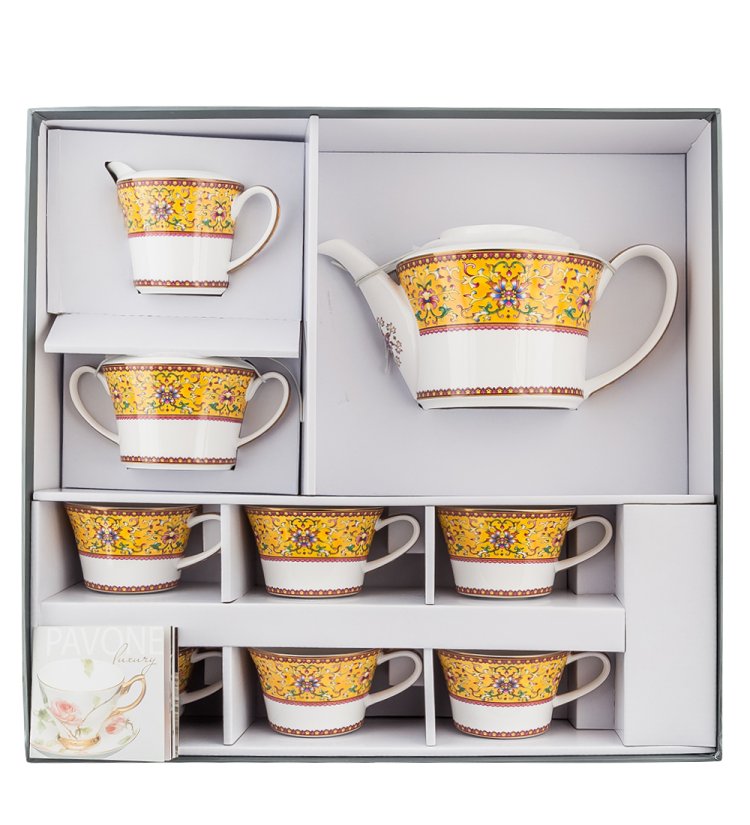 Чайный сервиз на 6 персон из фарфора Арабески, желтый Pavone JK-178, фотография в упаковке