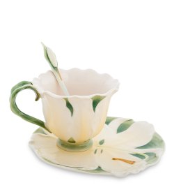 Чайная пара из фарфора с ложечкой Бежевая Лилия