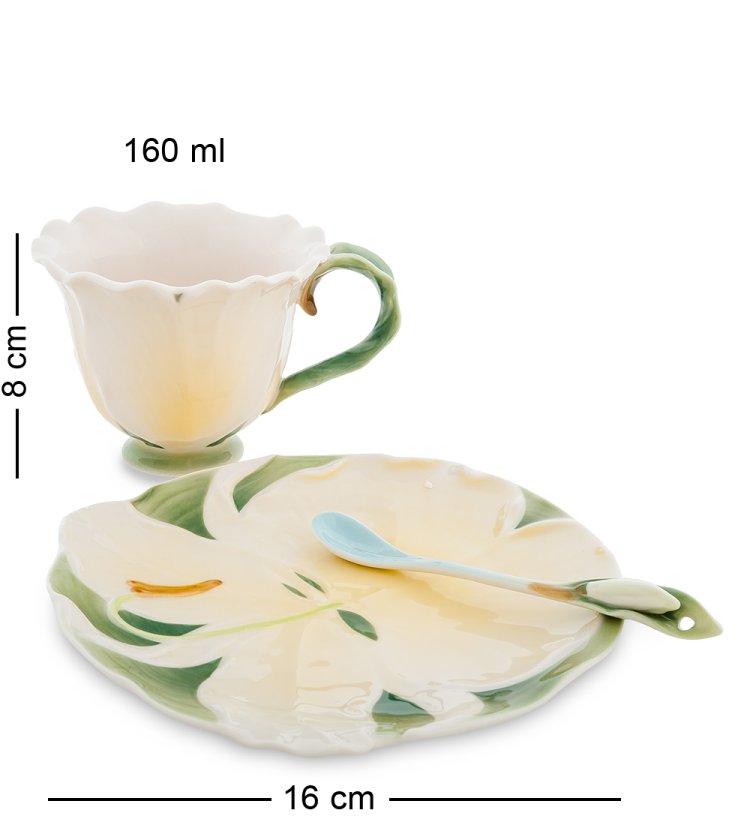 Чайная пара из фарфора с ложечкой Бежевая Лилия Pavone FM-38/ 3, фотография сбоку