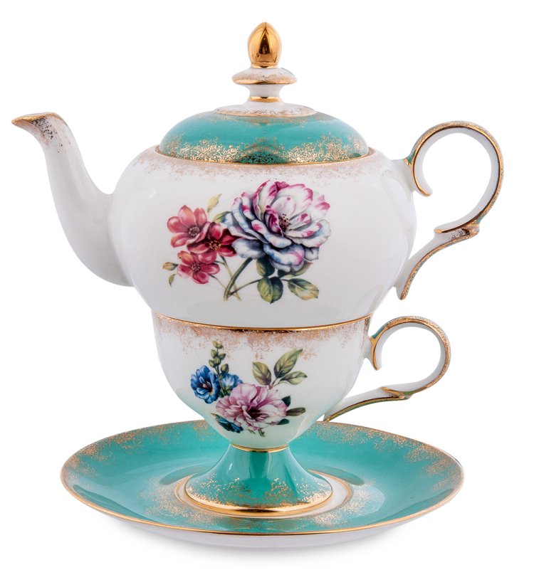 Чайная пара с чайником из фарфора Цветок Неаполя Pavone JK- 25