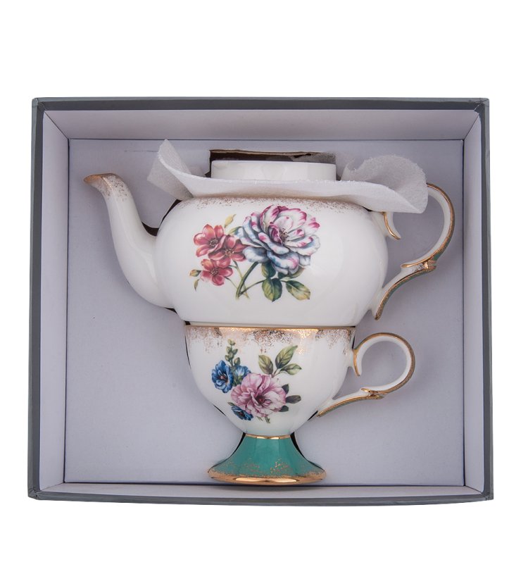 Чайная пара с чайником из фарфора Цветок Неаполя Pavone JK- 25, фотография в упаковке